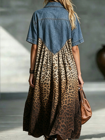 🤲LAST DAY SAVE 49% ⏰Women’s Denim Spliced Gradient Leopard Print Shirt Midi Dress