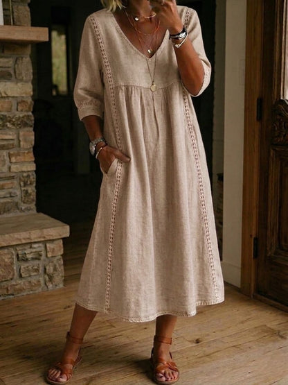 🤲Casual Loose-fitting Patchwork Lace Trim Linen And Cotton Dress