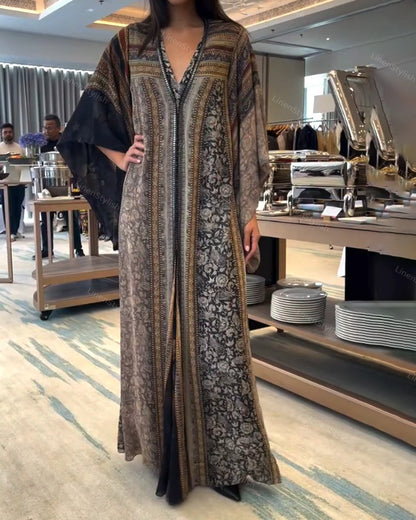 Casual V-Neck Loose Split Print Dress