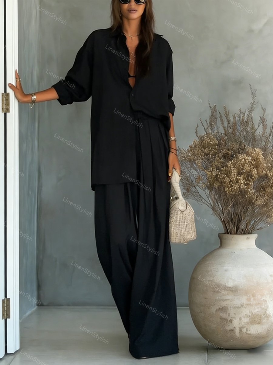 Fashion Solid Color Comfortable Shirt & Pants Two-piece Set