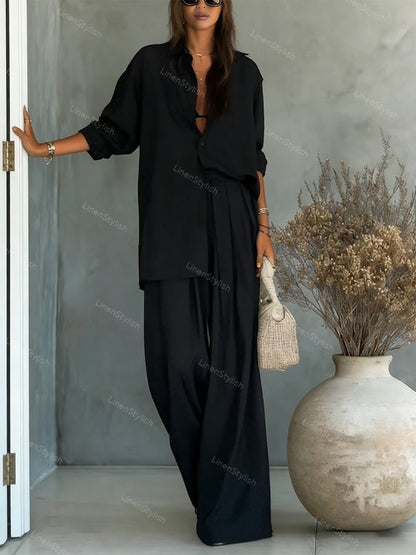 Fashion Solid Color Comfortable Shirt & Pants Two-piece Set