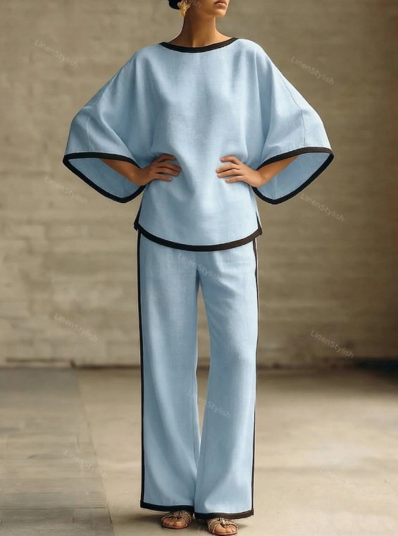 Elegant Round Neck Loose Dolman Sleeve Cotton And Linen Two-piece Set