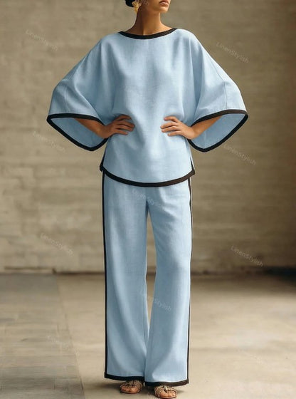 Elegant Round Neck Loose Dolman Sleeve Cotton And Linen Two-piece Set