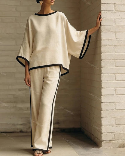 Elegant Round Neck Loose Dolman Sleeve Cotton And Linen Two-piece Set