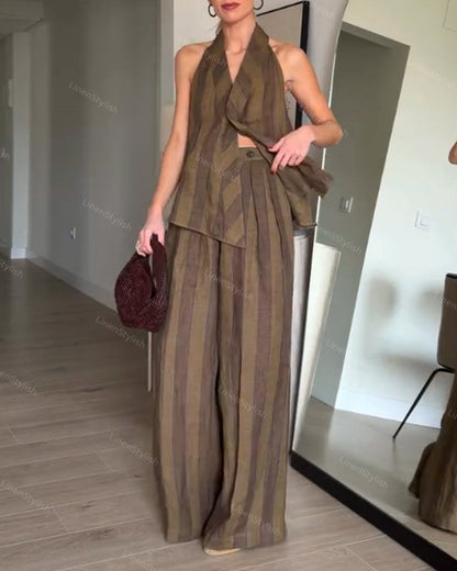 Fashion Striped Neck Backless Vest & Pants Two-Piece Set