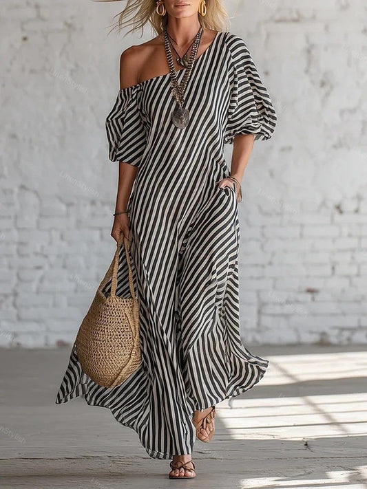 Elegant Off-shoulder Dress With Irregular Stripes