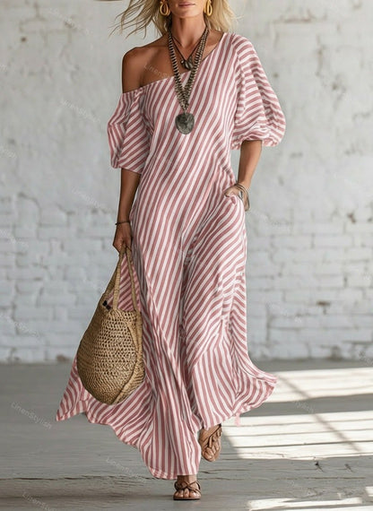 Elegant Off-shoulder Dress With Irregular Stripes