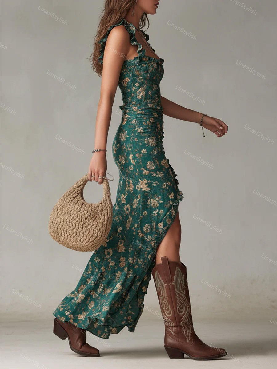Vintage Bohemian Ruffled Slit Print Dress