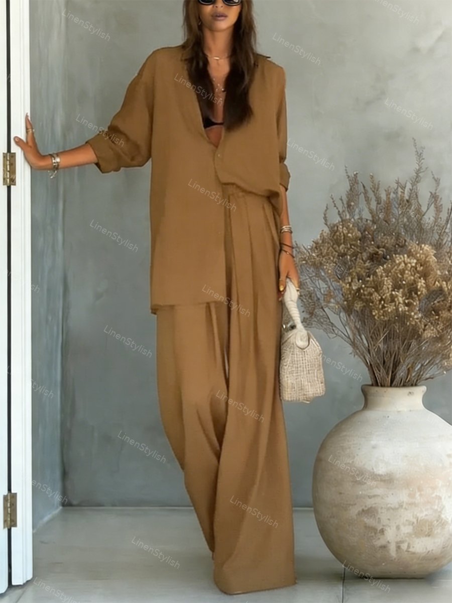 Fashion Solid Color Comfortable Shirt & Pants Two-piece Set