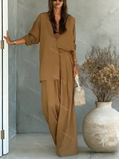 Fashion Solid Color Comfortable Shirt & Pants Two-piece Set