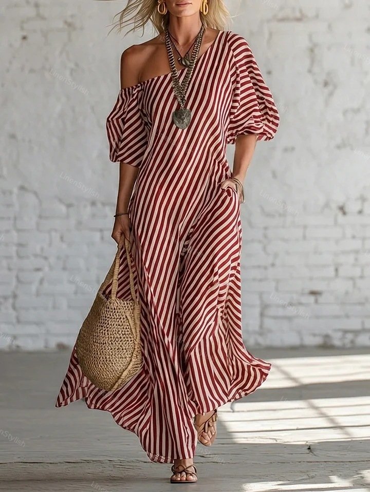 Elegant Off-shoulder Dress With Irregular Stripes