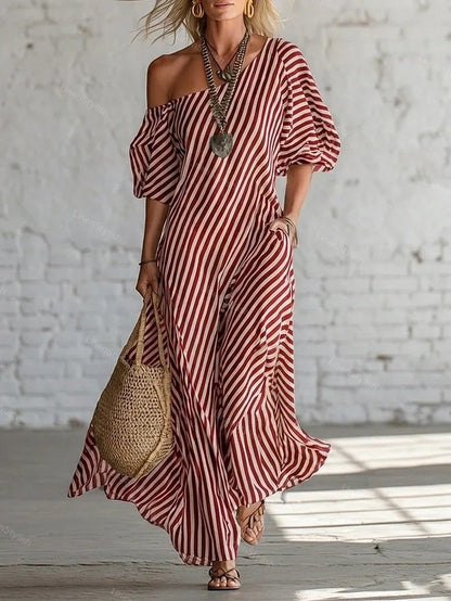 Elegant Off-shoulder Dress With Irregular Stripes