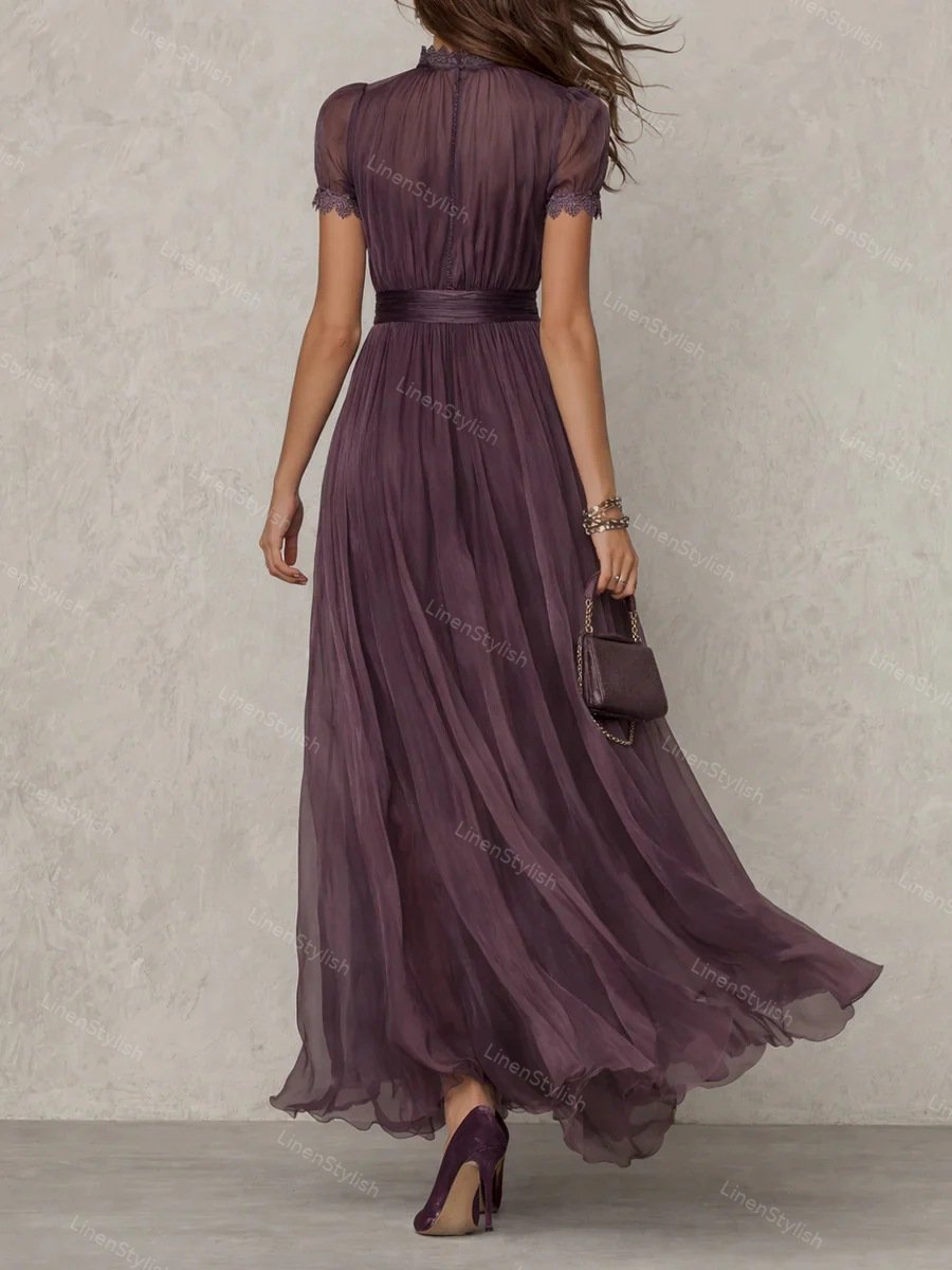 Elegant High Neck Lace Stitching Elegant Chiffon Dress