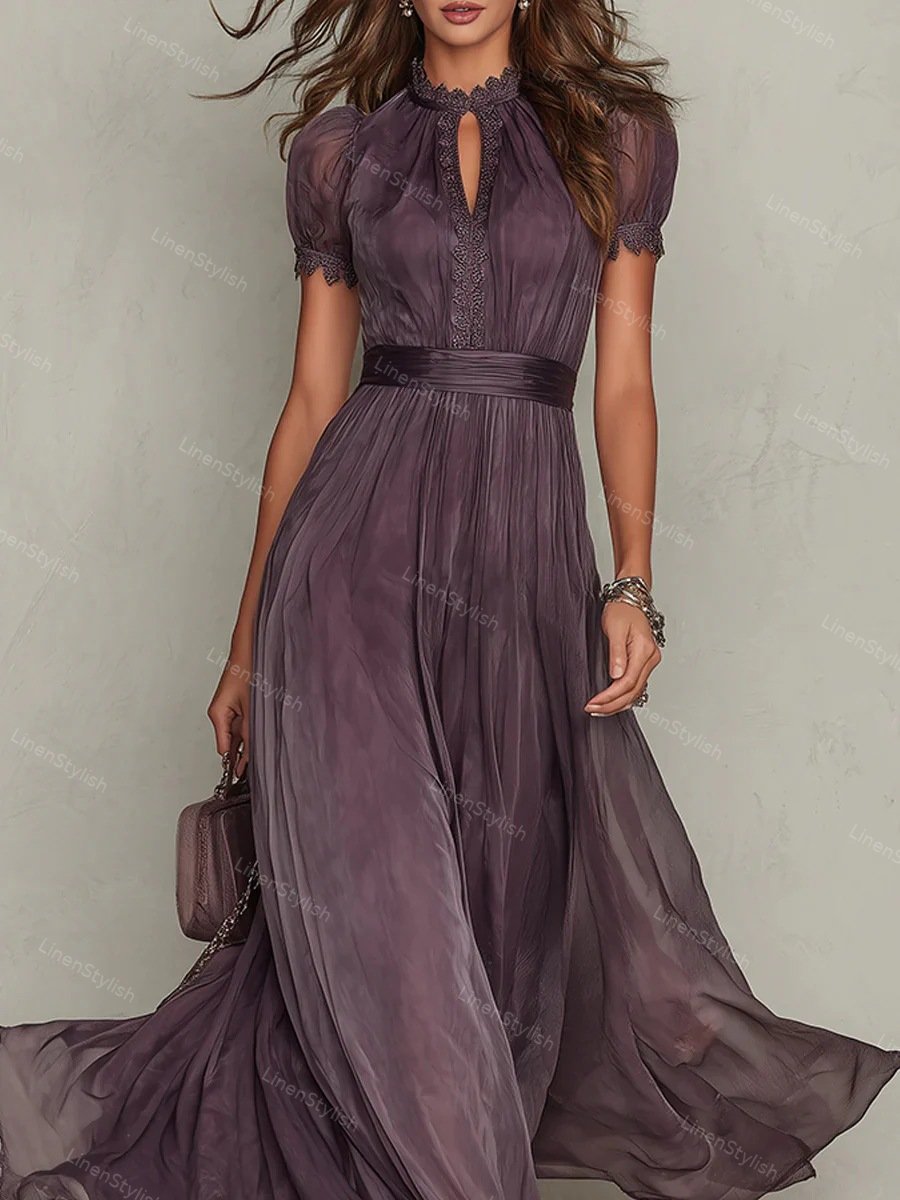 Elegant High Neck Lace Stitching Elegant Chiffon Dress