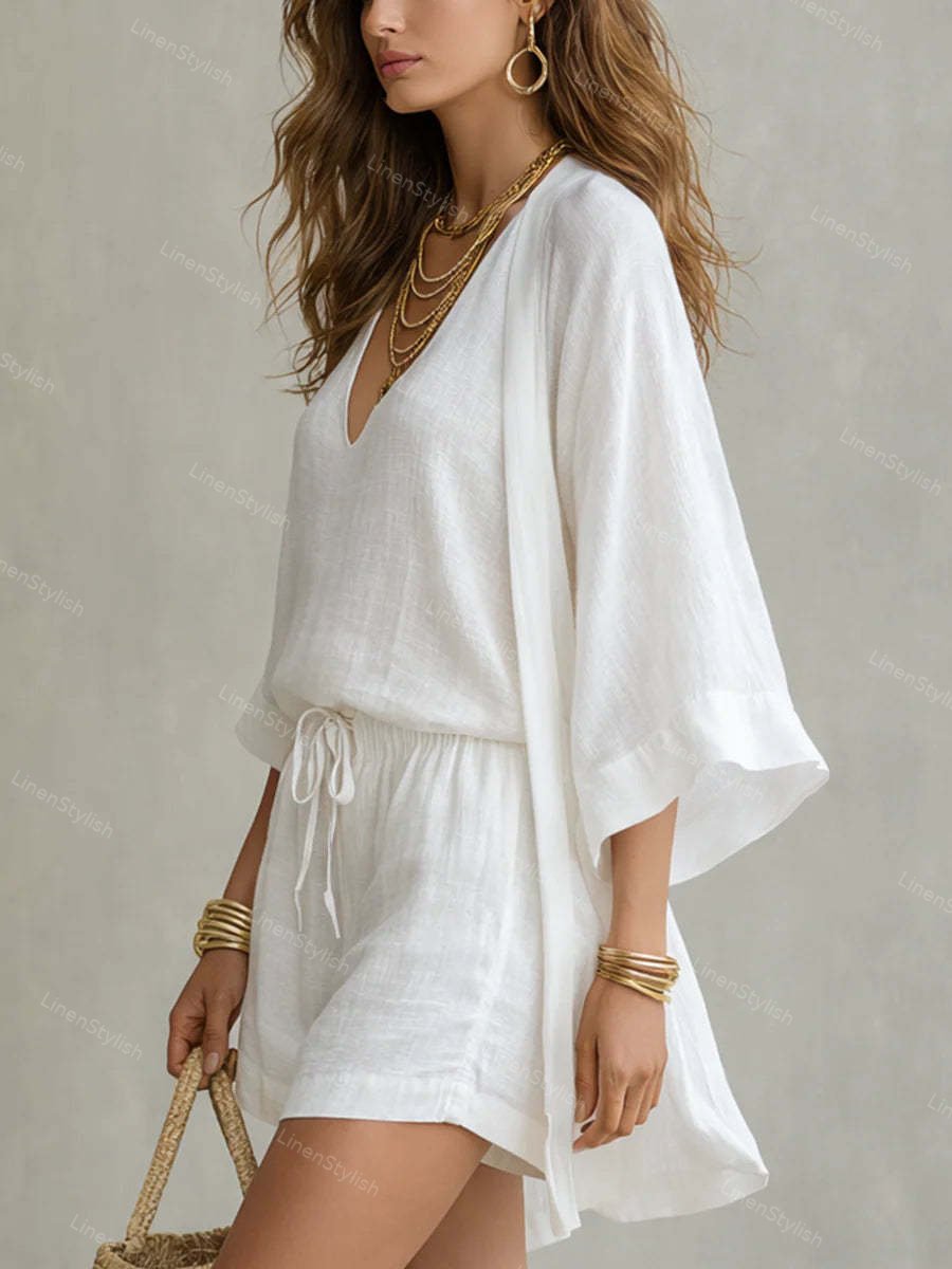 Casual Loose Cotton Linen Mid-length Cardigan Sleeveless Vest Shorts Three-piece Set