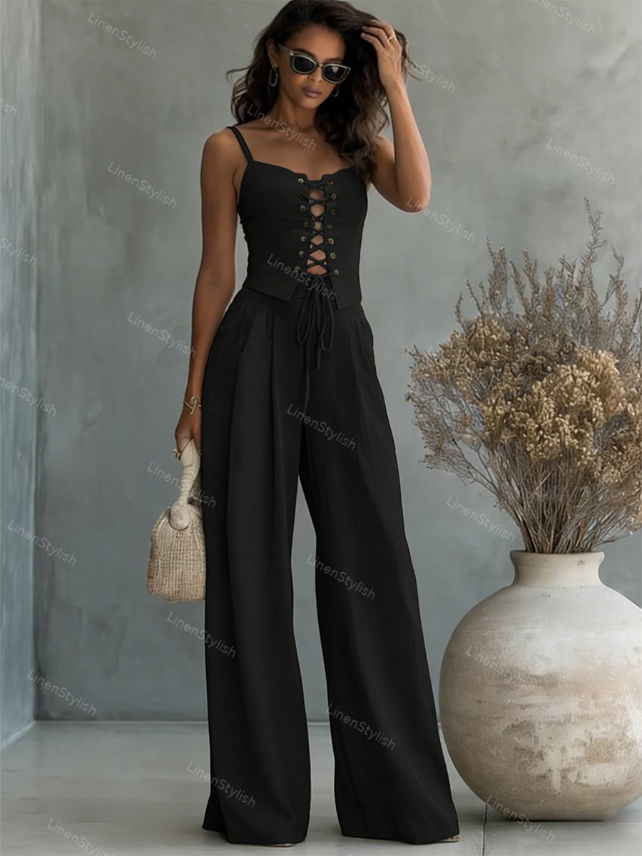 Commuter All-Match String Top & Pants Two-Piece Set