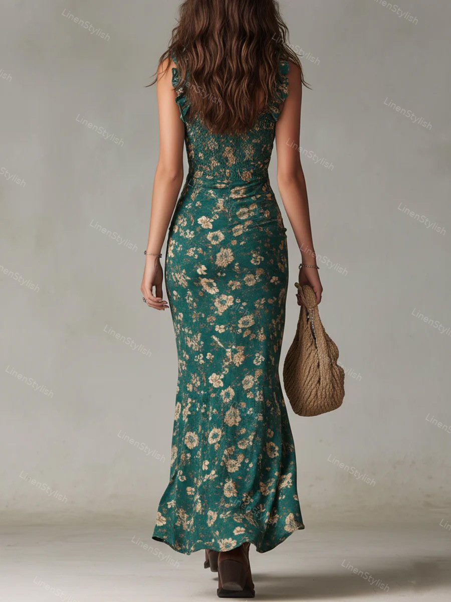 Vintage Bohemian Ruffled Slit Print Dress
