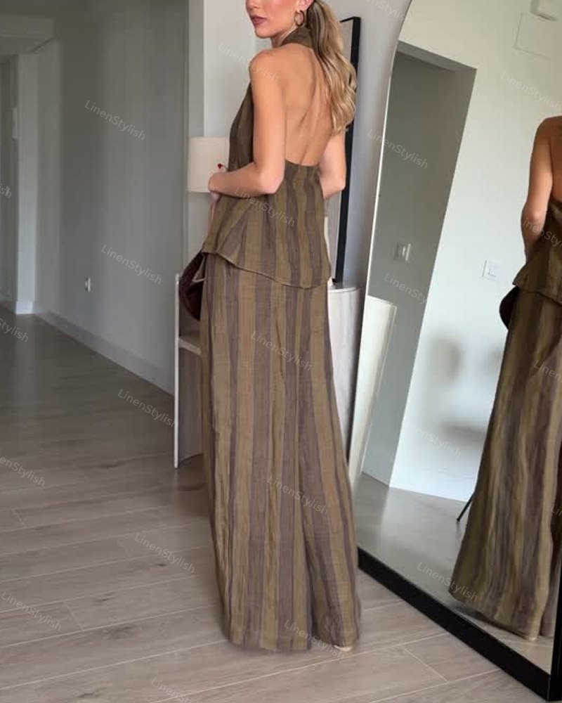 Fashion Striped Neck Backless Vest & Pants Two-Piece Set