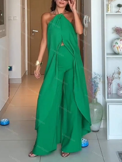 Fashion Neck Long Top & Pants Two-Piece Set