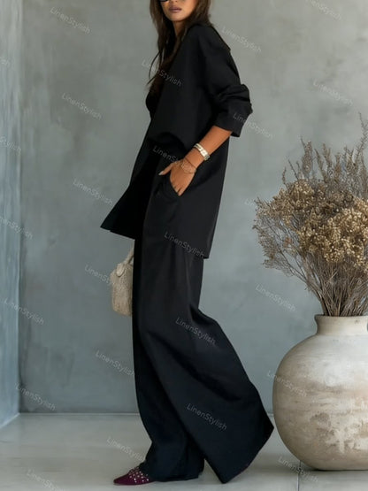 Fashion Solid Color Comfortable Shirt & Pants Two-piece Set
