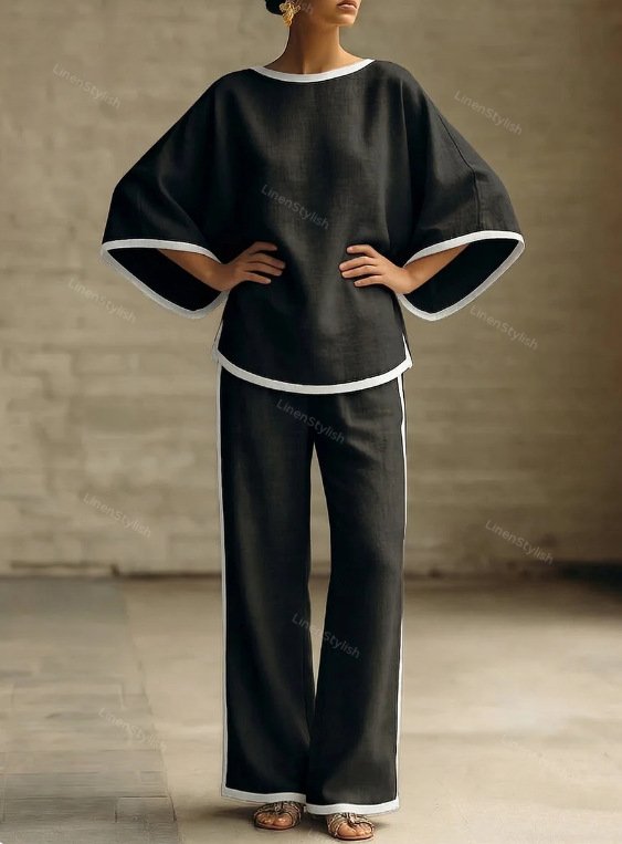 Elegant Round Neck Loose Dolman Sleeve Cotton And Linen Two-piece Set