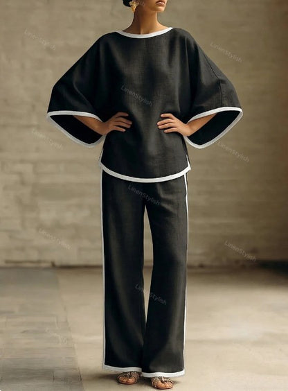 Elegant Round Neck Loose Dolman Sleeve Cotton And Linen Two-piece Set