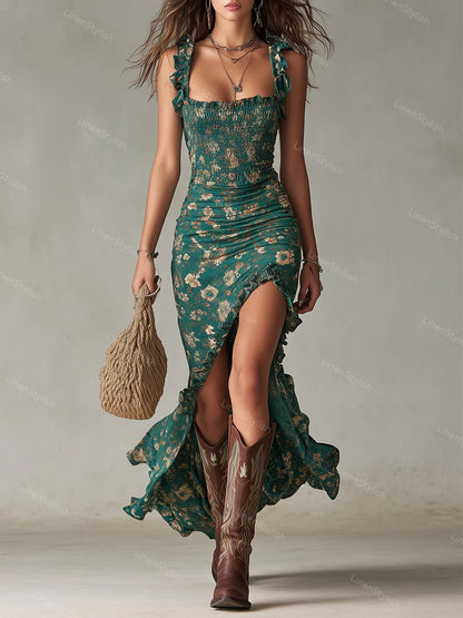 Vintage Bohemian Ruffled Slit Print Dress