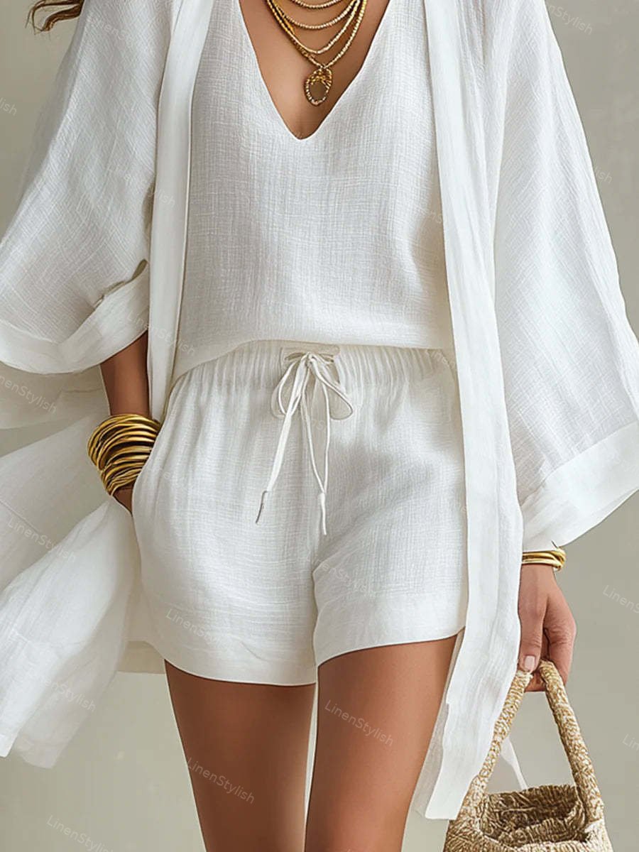 Casual Loose Cotton Linen Mid-length Cardigan Sleeveless Vest Shorts Three-piece Set