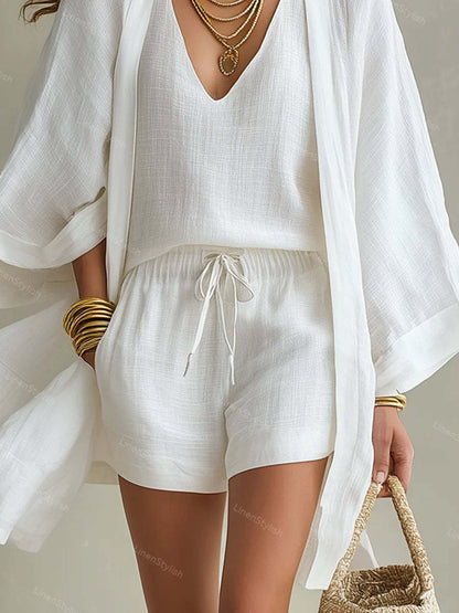 Casual Loose Cotton Linen Mid-length Cardigan Sleeveless Vest Shorts Three-piece Set