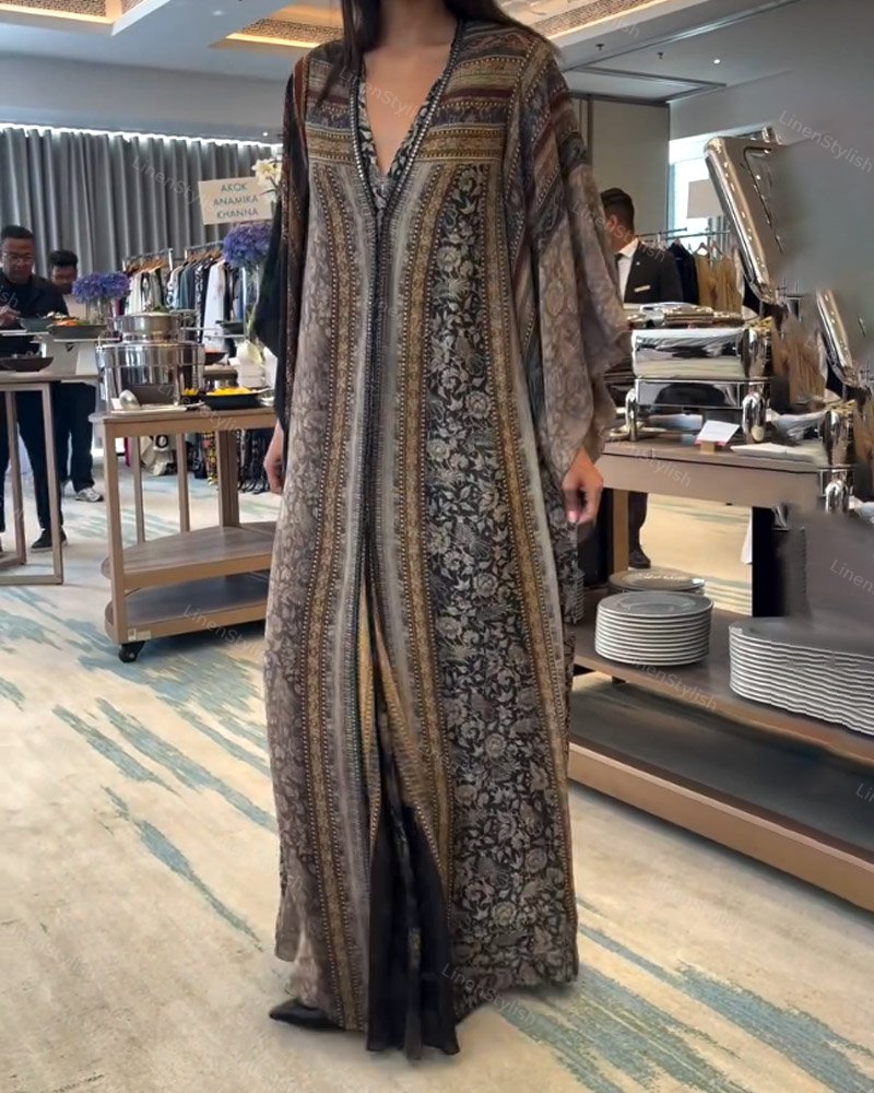 Casual V-Neck Loose Split Print Dress