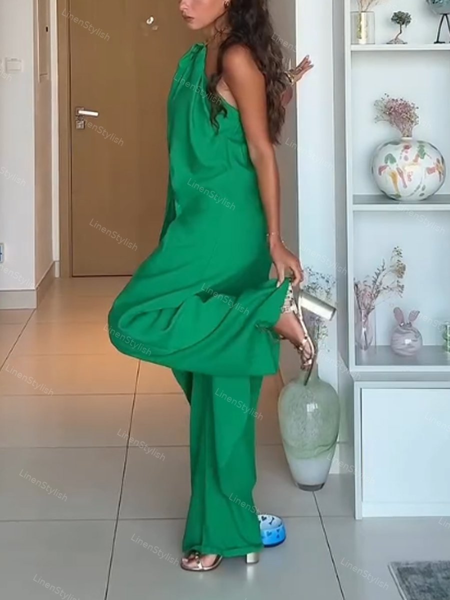 Fashion Neck Long Top & Pants Two-Piece Set