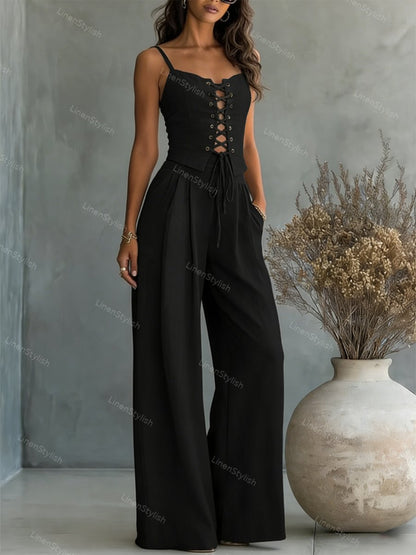 Commuter All-Match String Top & Pants Two-Piece Set