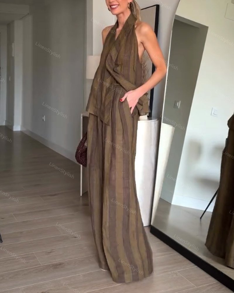 Fashion Striped Neck Backless Vest & Pants Two-Piece Set