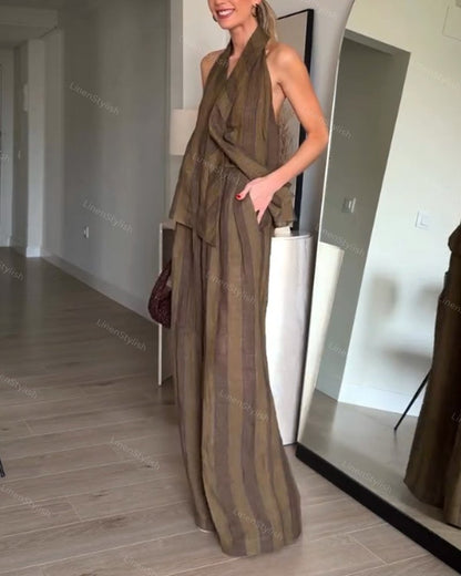 Fashion Striped Neck Backless Vest & Pants Two-Piece Set