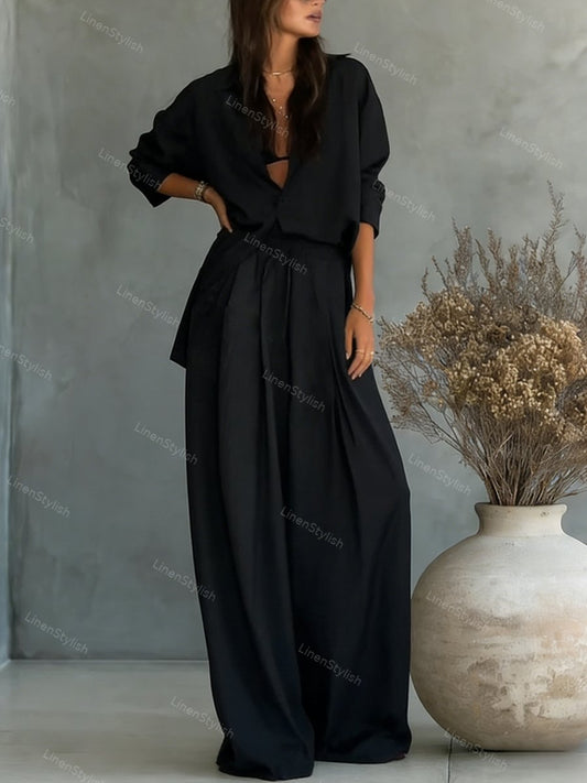 Fashion Solid Color Comfortable Shirt & Pants Two-piece Set