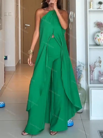 Fashion Neck Long Top & Pants Two-Piece Set