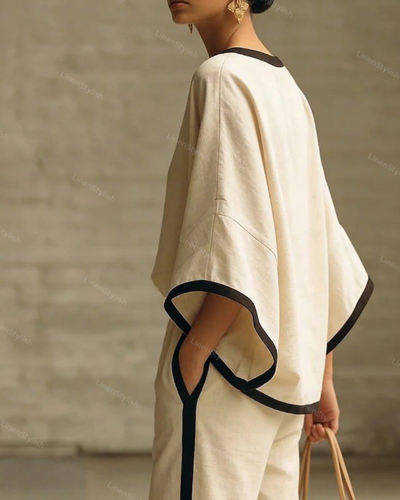 Elegant Round Neck Loose Dolman Sleeve Cotton And Linen Two-piece Set