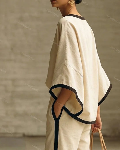 Elegant Round Neck Loose Dolman Sleeve Cotton And Linen Two-piece Set