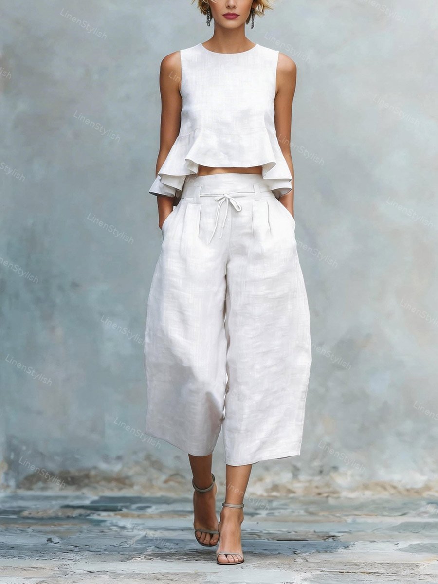 Casual Ruffled Sleeveless Vest & Pants Two-piece Set