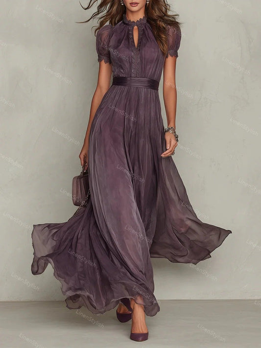 Elegant High Neck Lace Stitching Elegant Chiffon Dress