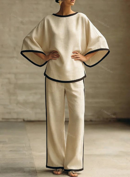 Elegant Round Neck Loose Dolman Sleeve Cotton And Linen Two-piece Set