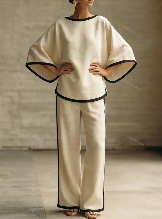 Elegant Round Neck Loose Dolman Sleeve Cotton And Linen Two-piece Set