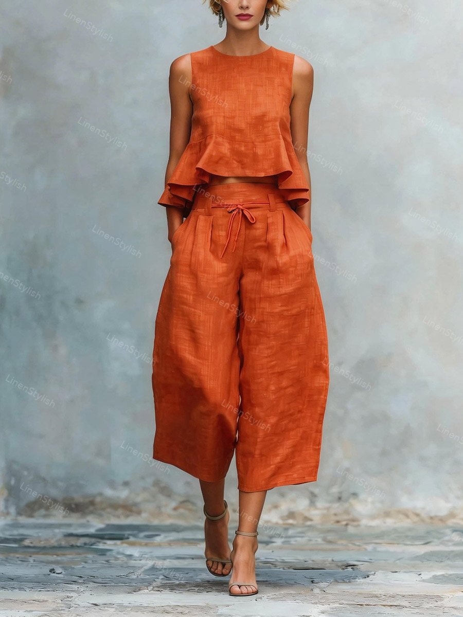 Casual Ruffled Sleeveless Vest & Pants Two-piece Set
