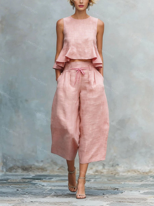 Casual Ruffled Sleeveless Vest & Pants Two-piece Set