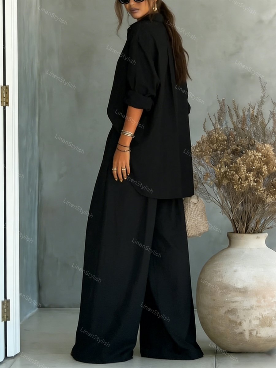 Fashion Solid Color Comfortable Shirt & Pants Two-piece Set