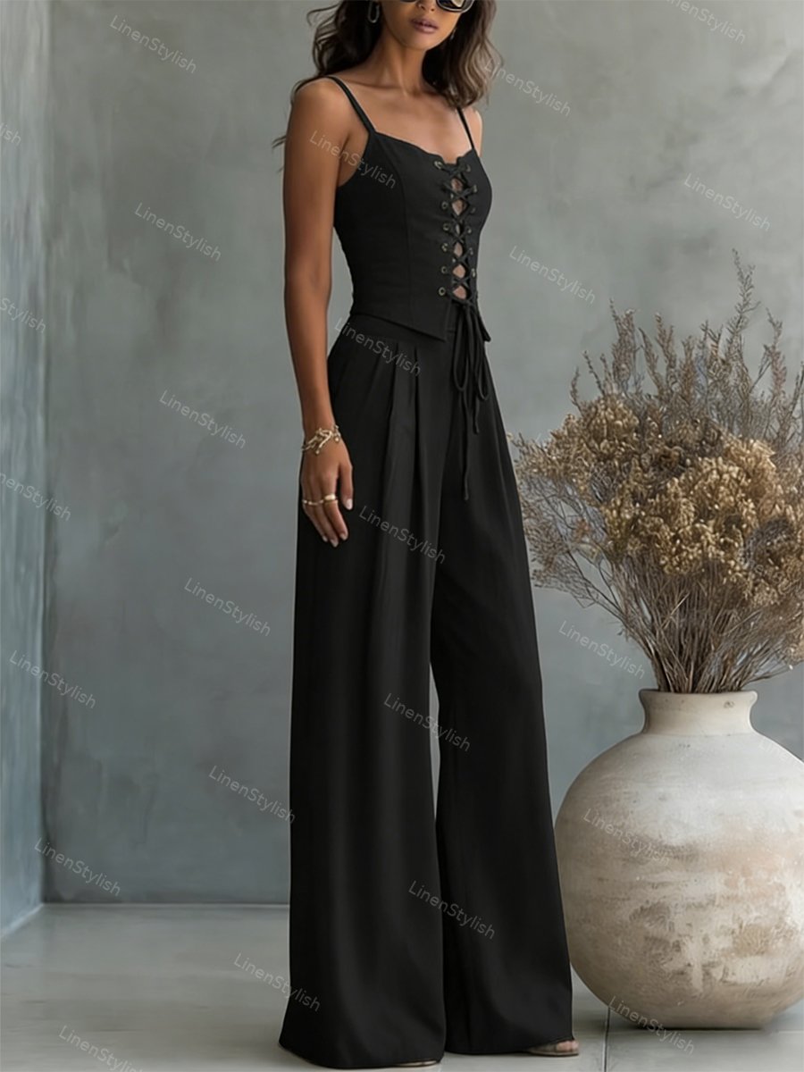 Commuter All-Match String Top & Pants Two-Piece Set