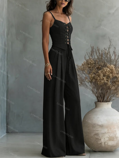 Commuter All-Match String Top & Pants Two-Piece Set