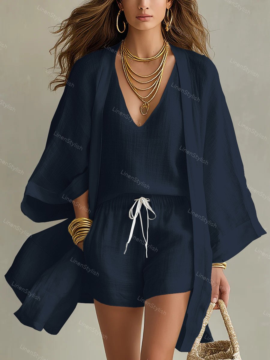 Casual Loose Cotton Linen Mid-length Cardigan Sleeveless Vest Shorts Three-piece Set