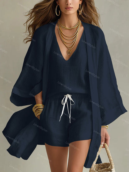 Casual Loose Cotton Linen Mid-length Cardigan Sleeveless Vest Shorts Three-piece Set