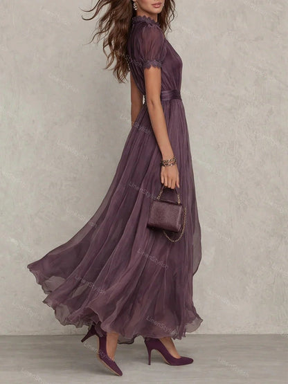 Elegant High Neck Lace Stitching Elegant Chiffon Dress